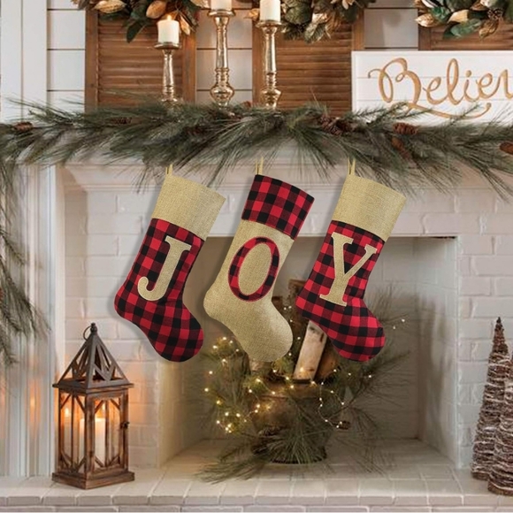 Christmas Stockings, 3 Pcs 19 inches Red and Black Buffalo Check Plaid Faux Burl - Picture 7 of 7